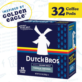 Dutch Bros Vanilla Caramel Golden Eagle pods closeup—aroma-rich single-serve coffee.