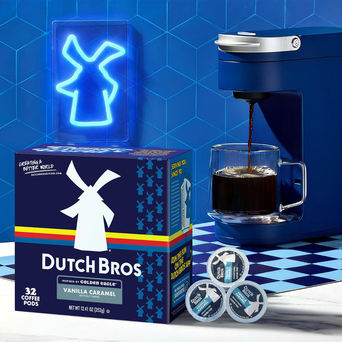 Dutch Bros Vanilla Caramel mug with steam—cozy morning ritual best enjoyed now.