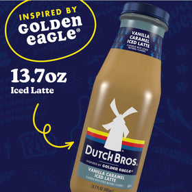 Pouring Dutch Bros Vanilla Caramel Iced Latte into a glass for a bold coffee moment