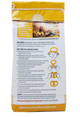 Dutch Country Soft Pretzel Mix ingredients panel with yeast and salt for easy pretzels.