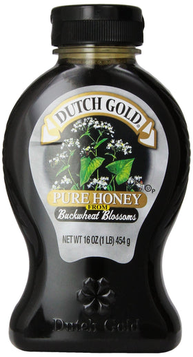 Dutch Gold Honey Buckwheat jar shows premium buckwheat honey, great for toast and tea