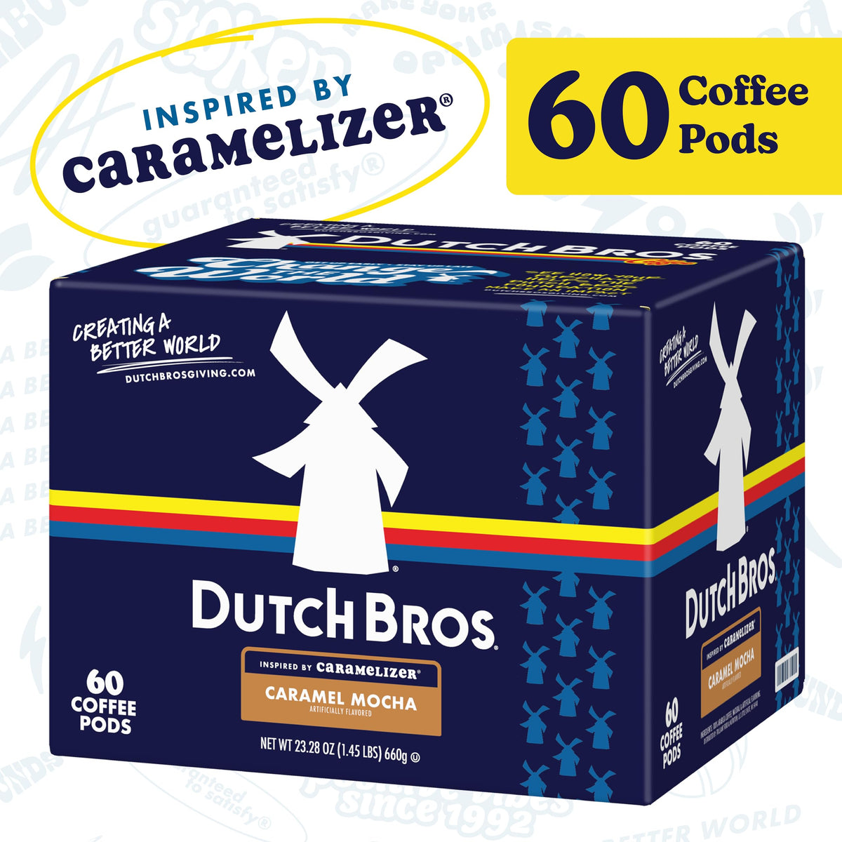 Sixty-count Dutch Bros Caramel Mocha pods ready for daily use.