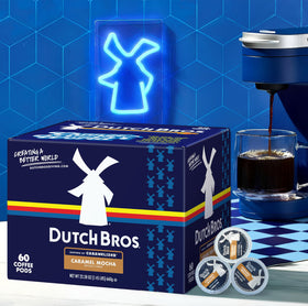 Close-up of Dutch Bros Caramel Mocha labeling with caramel and chocolate notes.