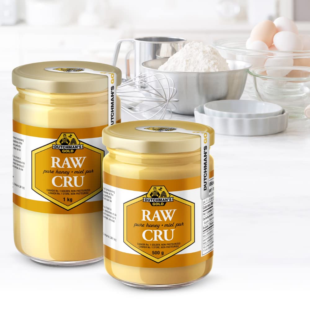 Dutchman's Gold Raw Honey bottle on display highlighting large 6.6 lb packaging for families.