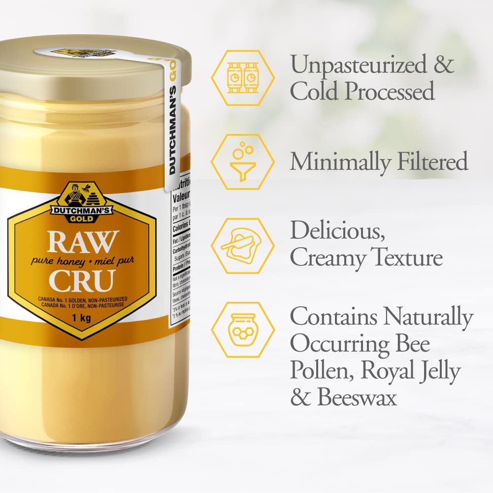 Close-up of Dutchman's Gold Raw Honey creamy texture ideal for drizzle over yogurt.