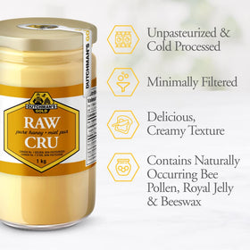 Close-up of Dutchman's Gold Raw Honey creamy texture ideal for drizzle over yogurt.