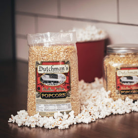 Dutchman's non GMO gluten free label on popcorn packaging for dietary clarity.