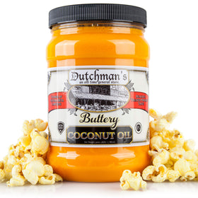 Dutchman's Popcorn Coconut Oil bottle with butter flavor for theater-style popcorn at home.