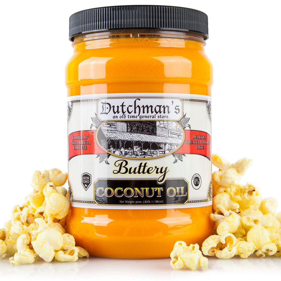 Dutchman's Popcorn Coconut Oil bottle with butter flavor for theater-style popcorn at home.