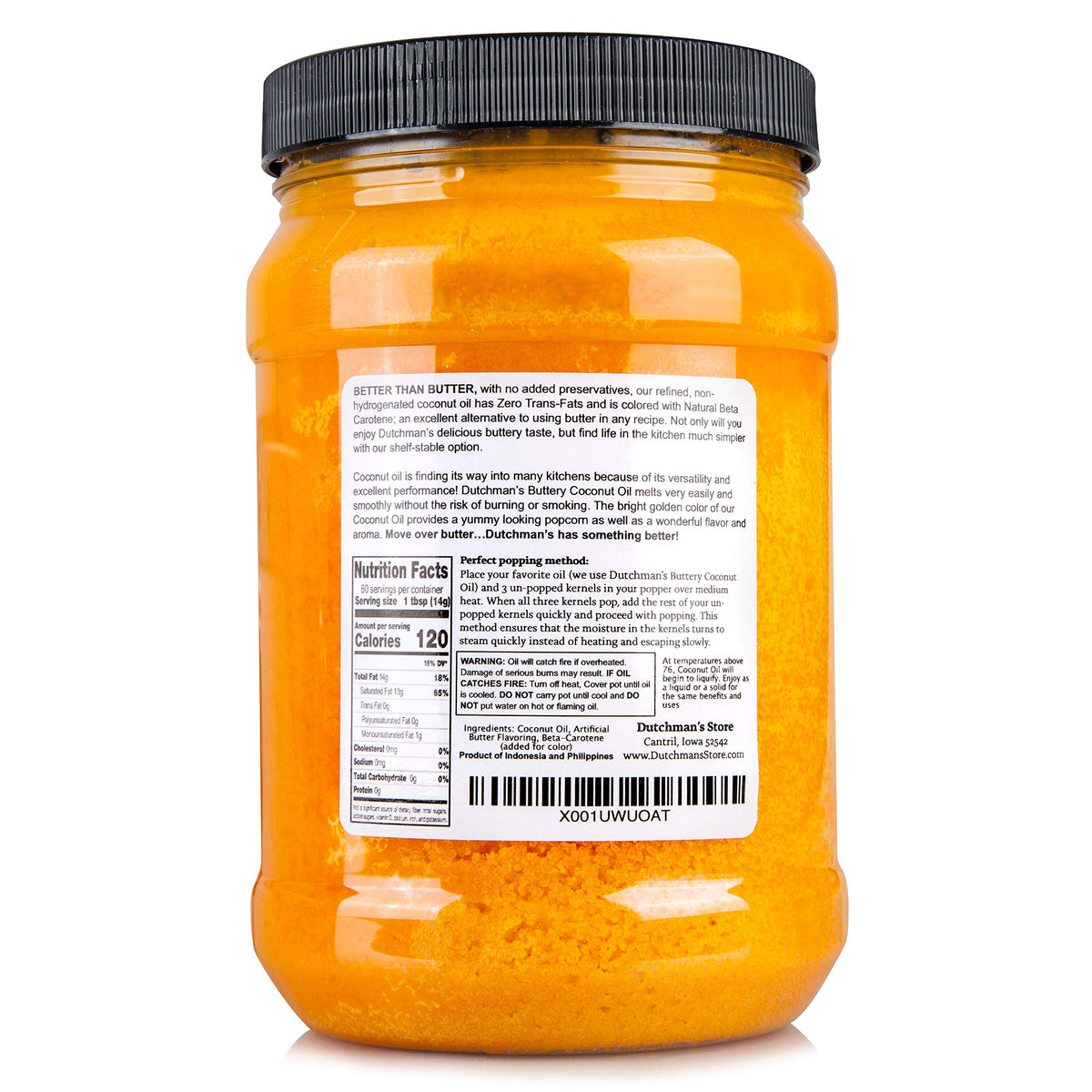 Dutchman's Popcorn Coconut Oil shows natural beta carotene color for classic theater popcorn.
