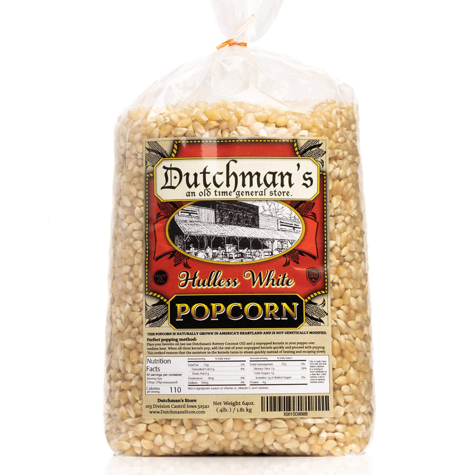 Dutchman's white popcorn kernels for microwave popping yield light, fluffy results with fewer hulls.