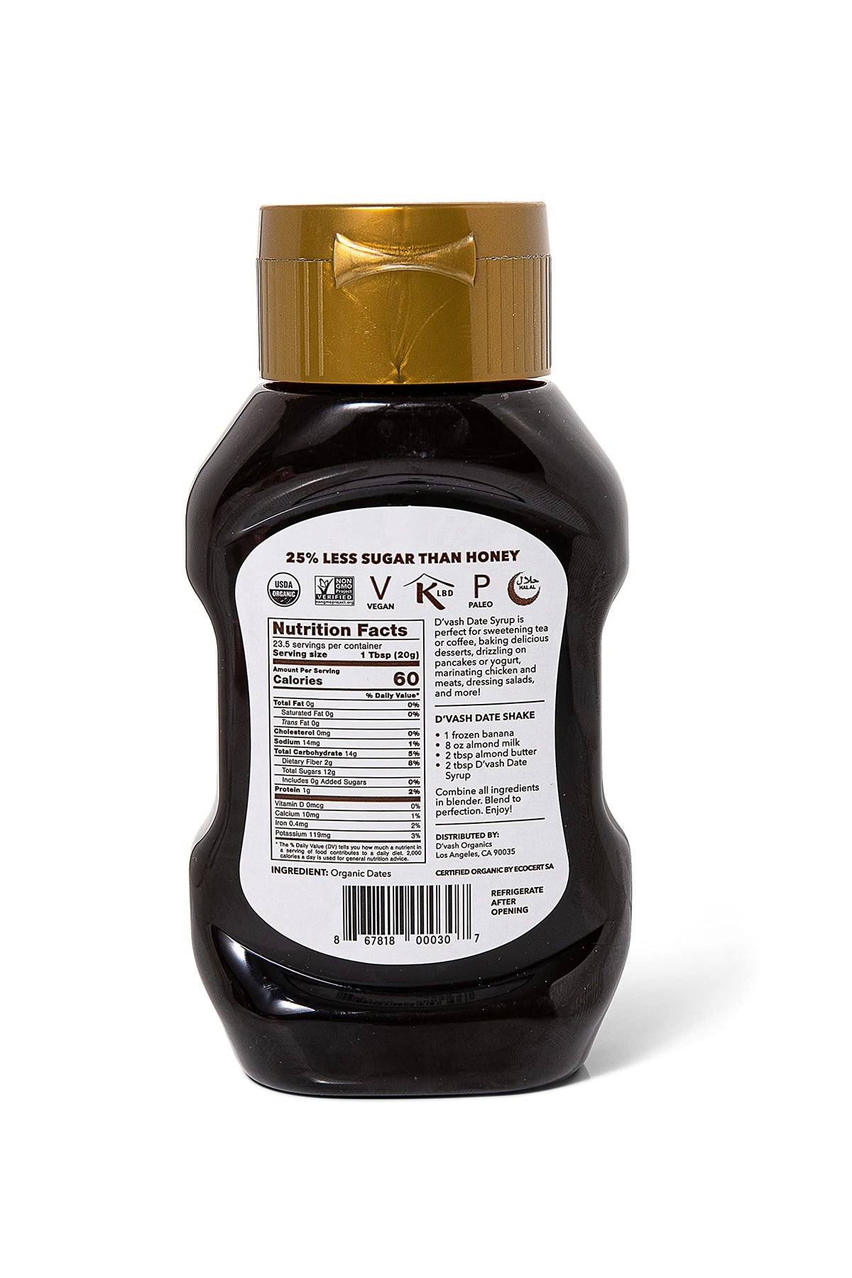 D'Vash Organics date syrup label close-up showing 100% dates