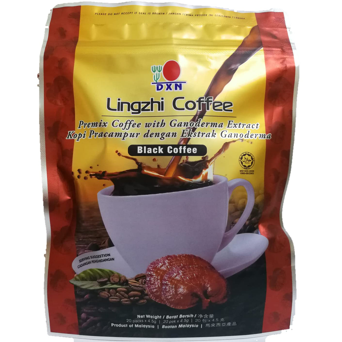 DXN Black Coffee 2-in-1 Gourmet packaging bag offers convenient, ready-to-brew mornings.