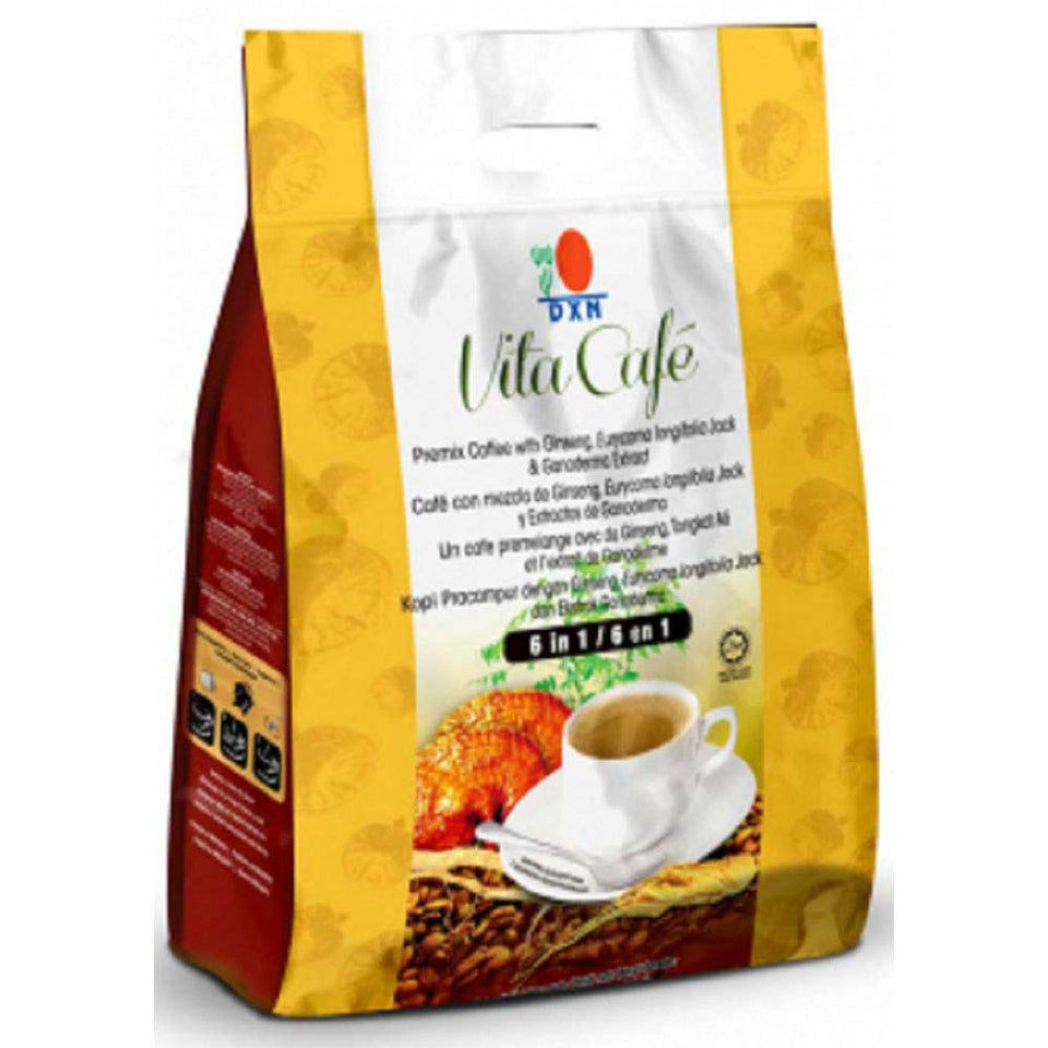 DXN Vita Cafe 6-in-1 cup steam shows a ready-to-serve beverage for busy mornings.