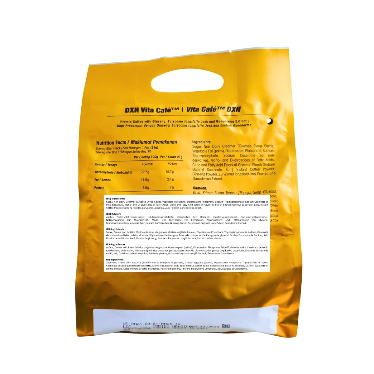 DXN Vita Cafe 6-in-1 pack20 sachets highlight convenient, on-the-go preparation.