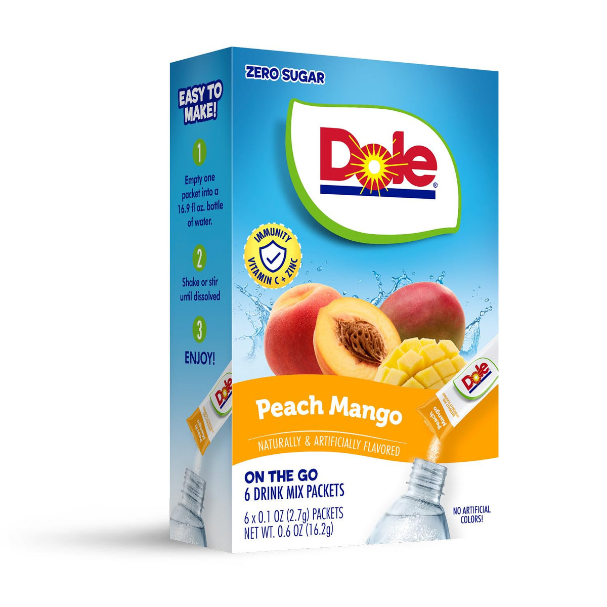 DYLA Dole Peach Mango powder dissolving in water for quick refreshment.