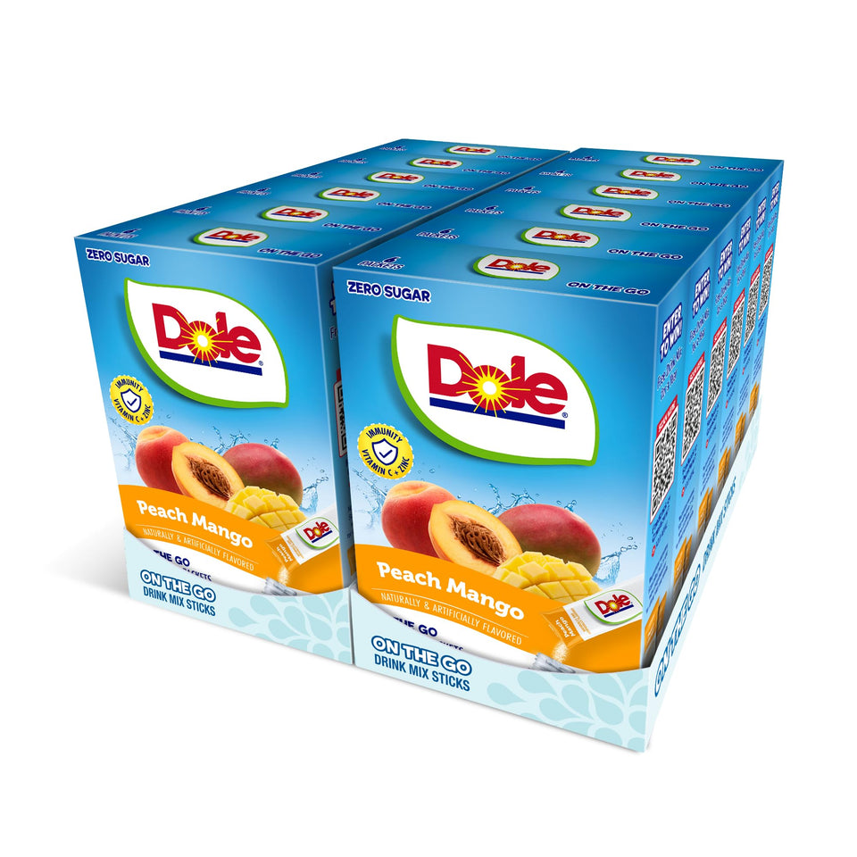 DYLA Dole Peach Mango powder drink pack, sugar-free tropical flavor.