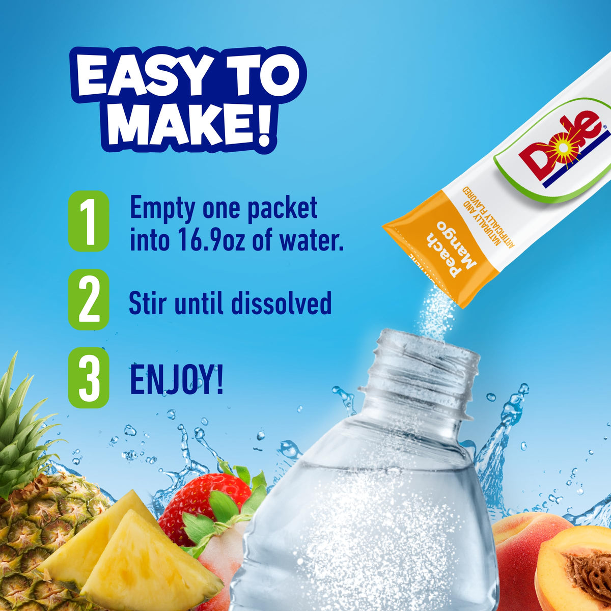 DYLA Dole Peach Mango ready beverage in glass with ice.