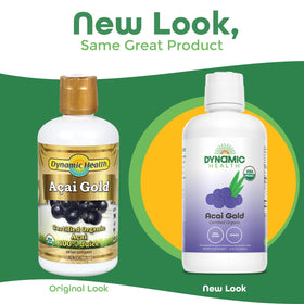 Dynamic Health Acai Gold pour showing vibrant acai juice for smoothies