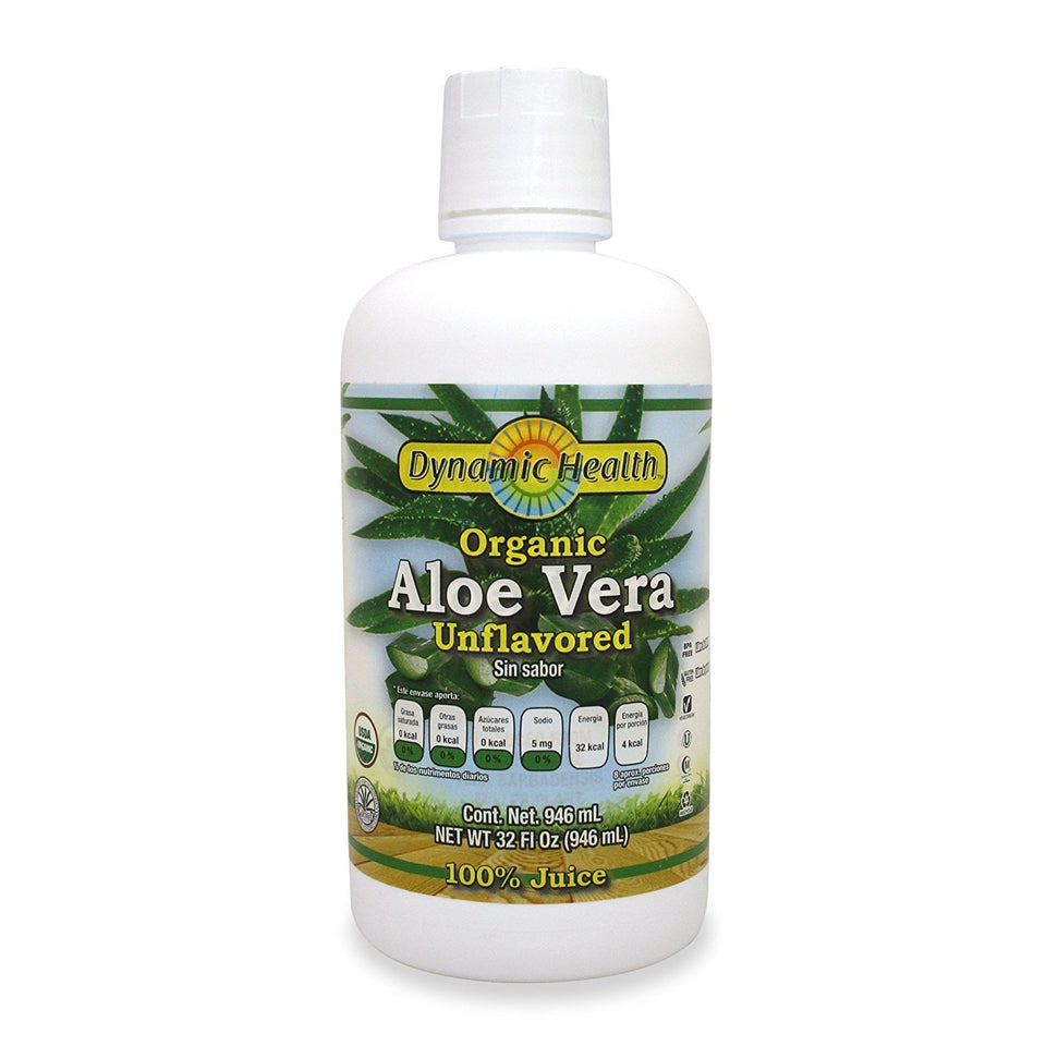 Dynamic Health Aloe Vera Juice bottle shows a pure, additive-free formula ideal for daily digestion.