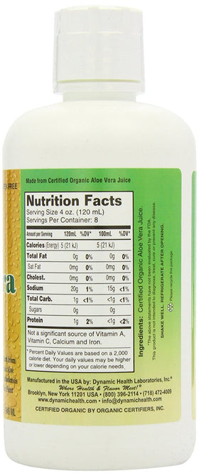 Dynamic Health Aloe Vera Juice label highlights organic sourcing and plant-based wellness benefits.