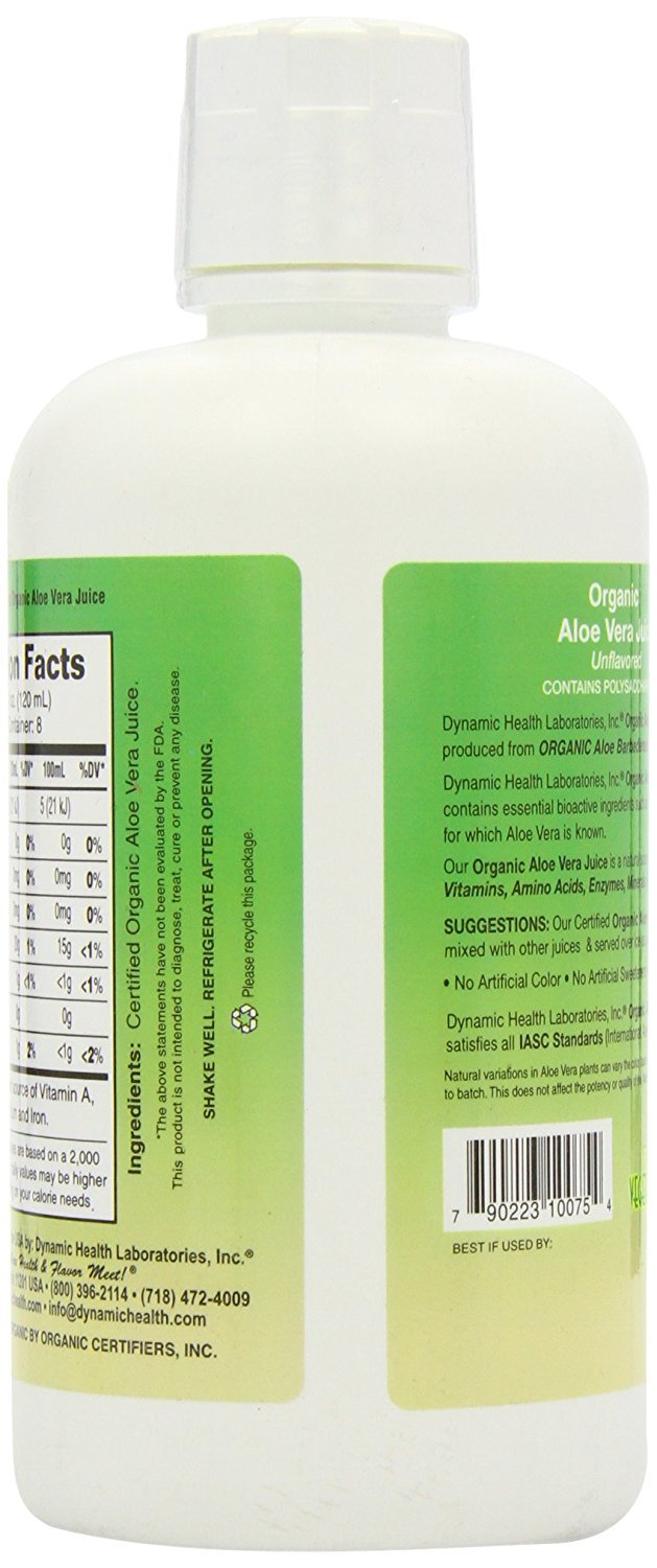 Dynamic Health Aloe Vera Juice pouring into a glass showcases versatile, unsweetened benefits.