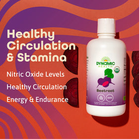 Dynamic Health Beetroot Concentrate ingredients panel emphasizing 100% organic produce.