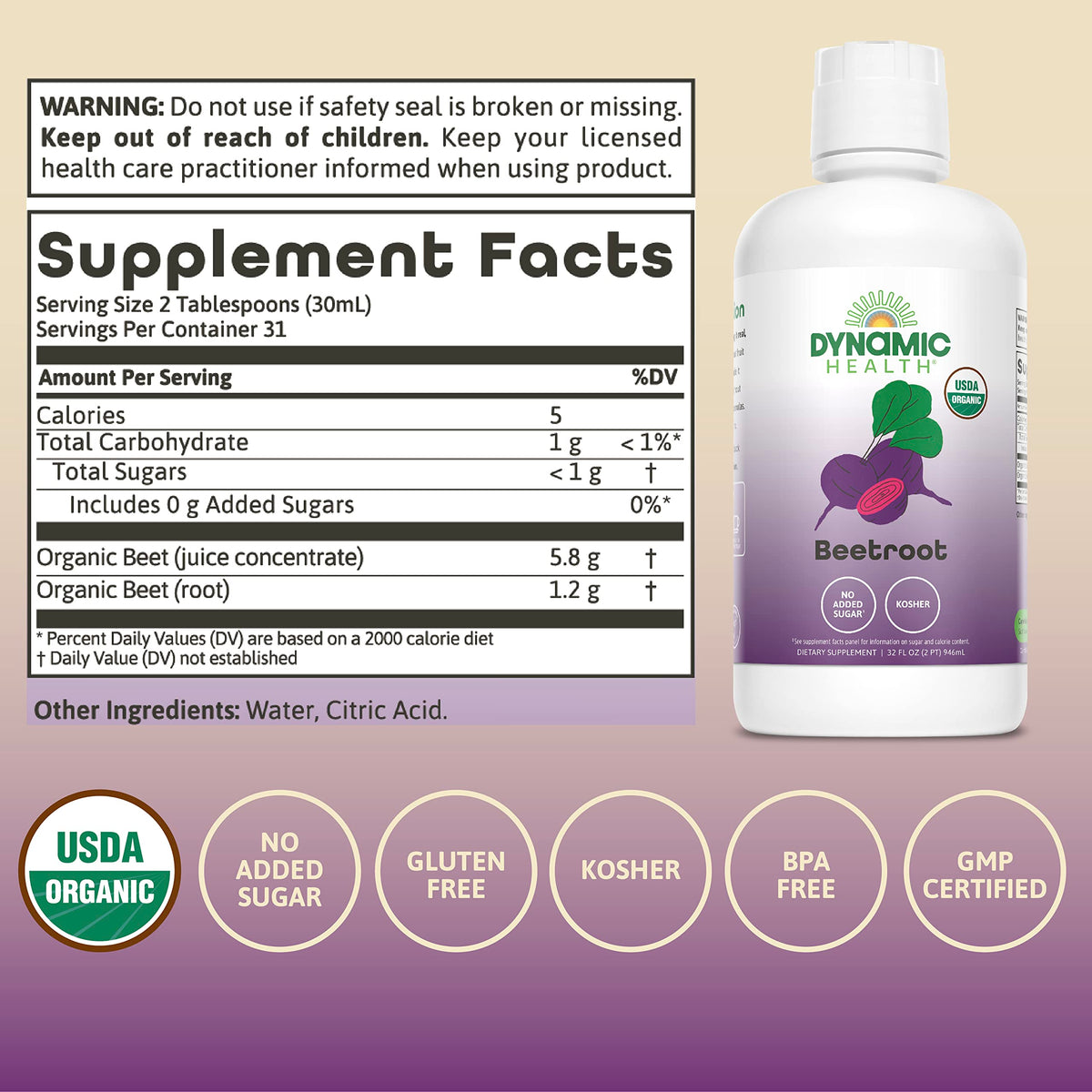 Dynamic Health Beetroot Concentrate label highlighting organic certification and allergen-friendly formulation.