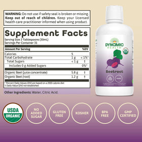 Dynamic Health Beetroot Concentrate label highlighting organic certification and allergen-friendly formulation.