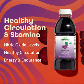 Dynamic Health Beetroot juice in a clear glass emphasizes vibrant color