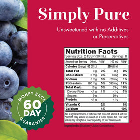 Dynamic Health blueberry concentrate bottle back, notes 100% juice concentrate