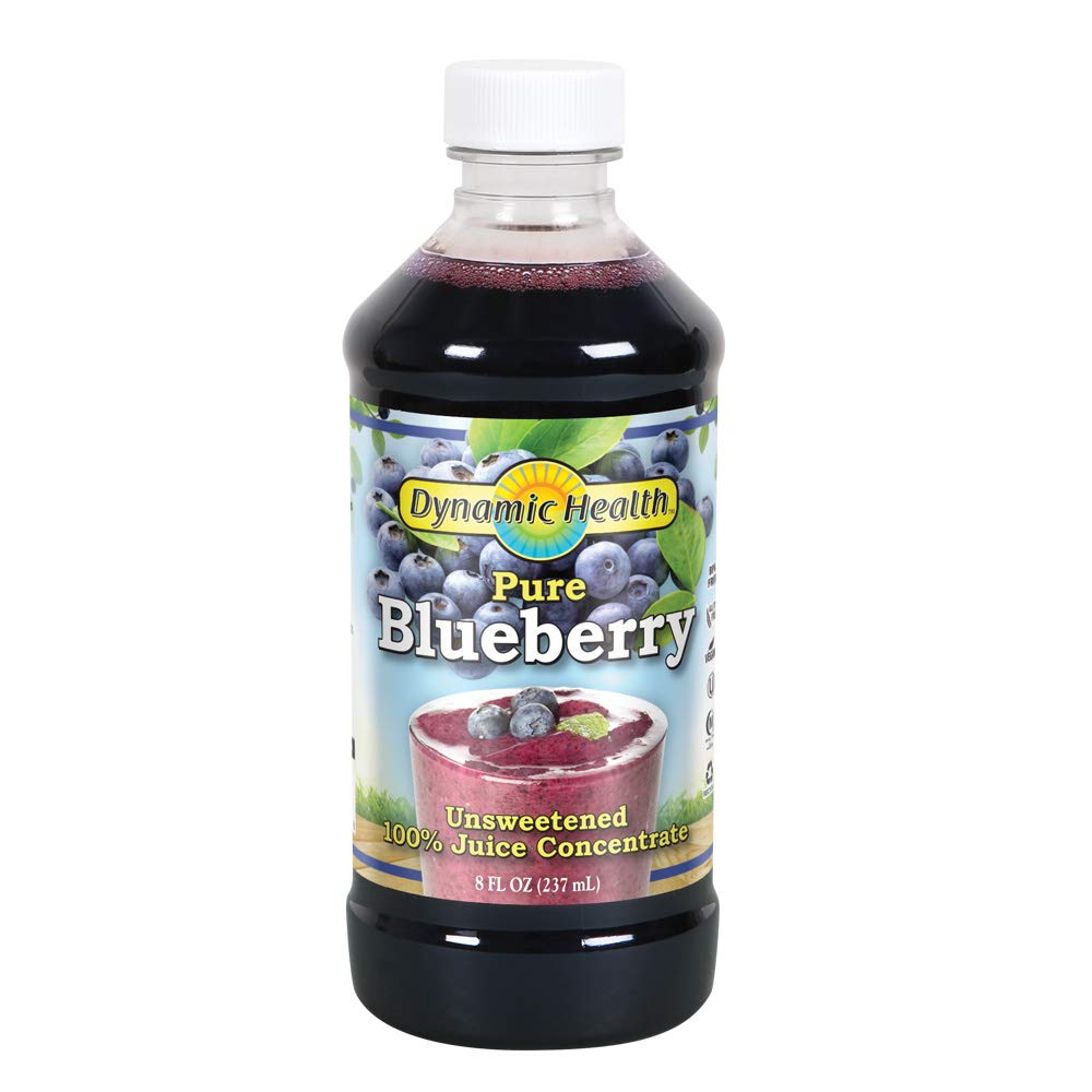 Dynamic Health blueberry concentrate bottle front, ideal for smoothies