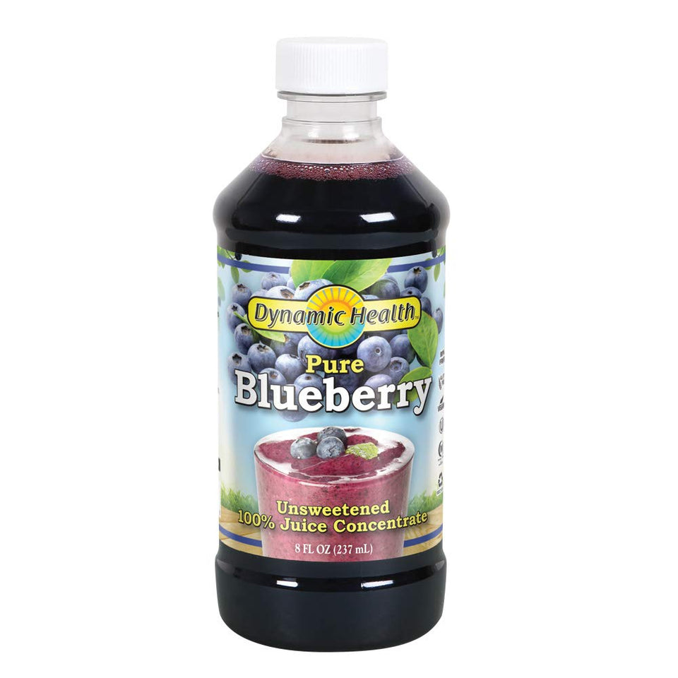 Dynamic Health blueberry concentrate bottle front, ideal for smoothies