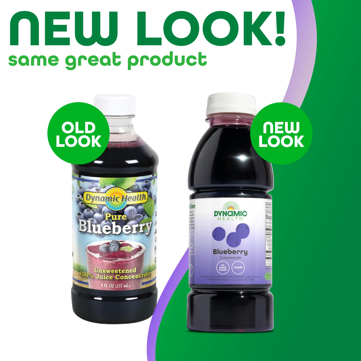 Dynamic Health Blueberry Concentrate label close-up showing organic ingredients.