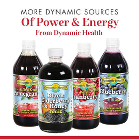 Dynamic Health blueberry concentrate label close-up, vegan and kosher quality