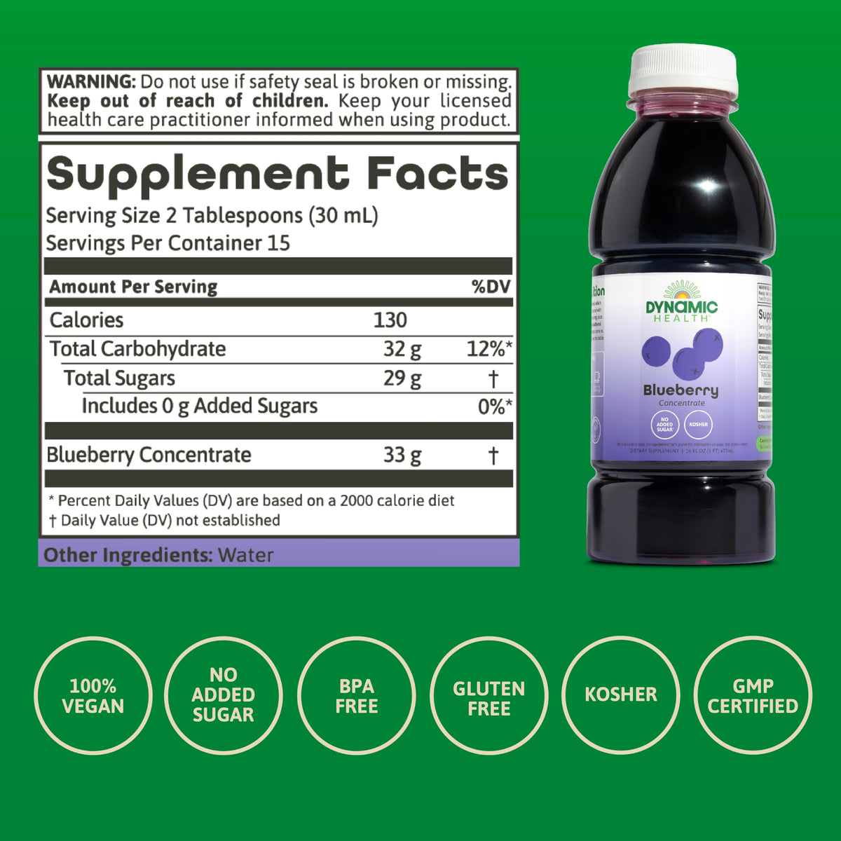 Dynamic Health Blueberry Concentrate being poured for daily use.