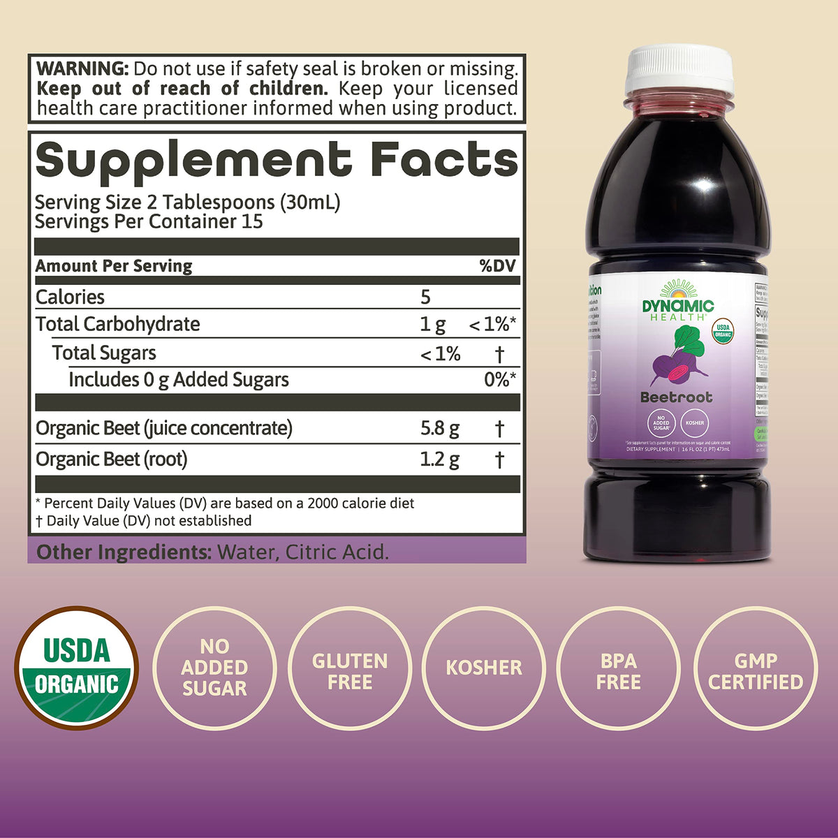Dynamic Health Certified Organic Beetroot label highlighting no added sugar