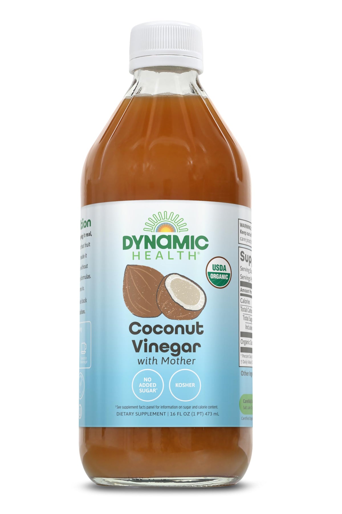 Dynamic Health Coconut Vinegar with Mother bottle highlights unfiltered quality for dressings