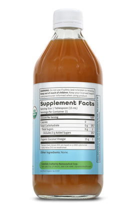 Dynamic Health Coconut Vinegar with Mother label shows organic fermentation and purity