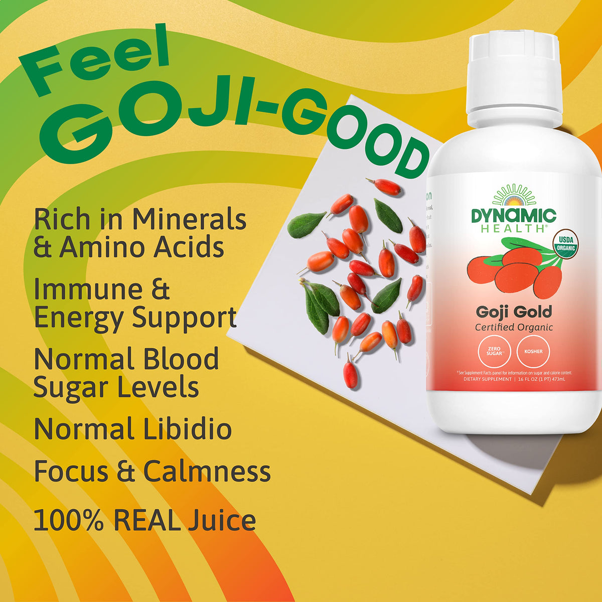 Dynamic Health Goji Gold Pure Juice ingredients panel emphasizes 100% organic produce.