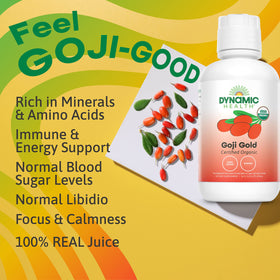 Dynamic Health Goji Gold Pure Juice ingredients panel emphasizes 100% organic produce.