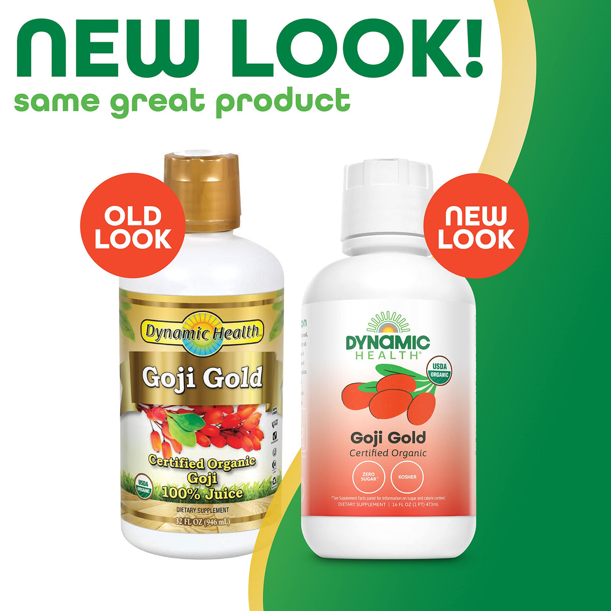 Dynamic Health Goji Gold Pure Juice label highlights organic certification and no additives.