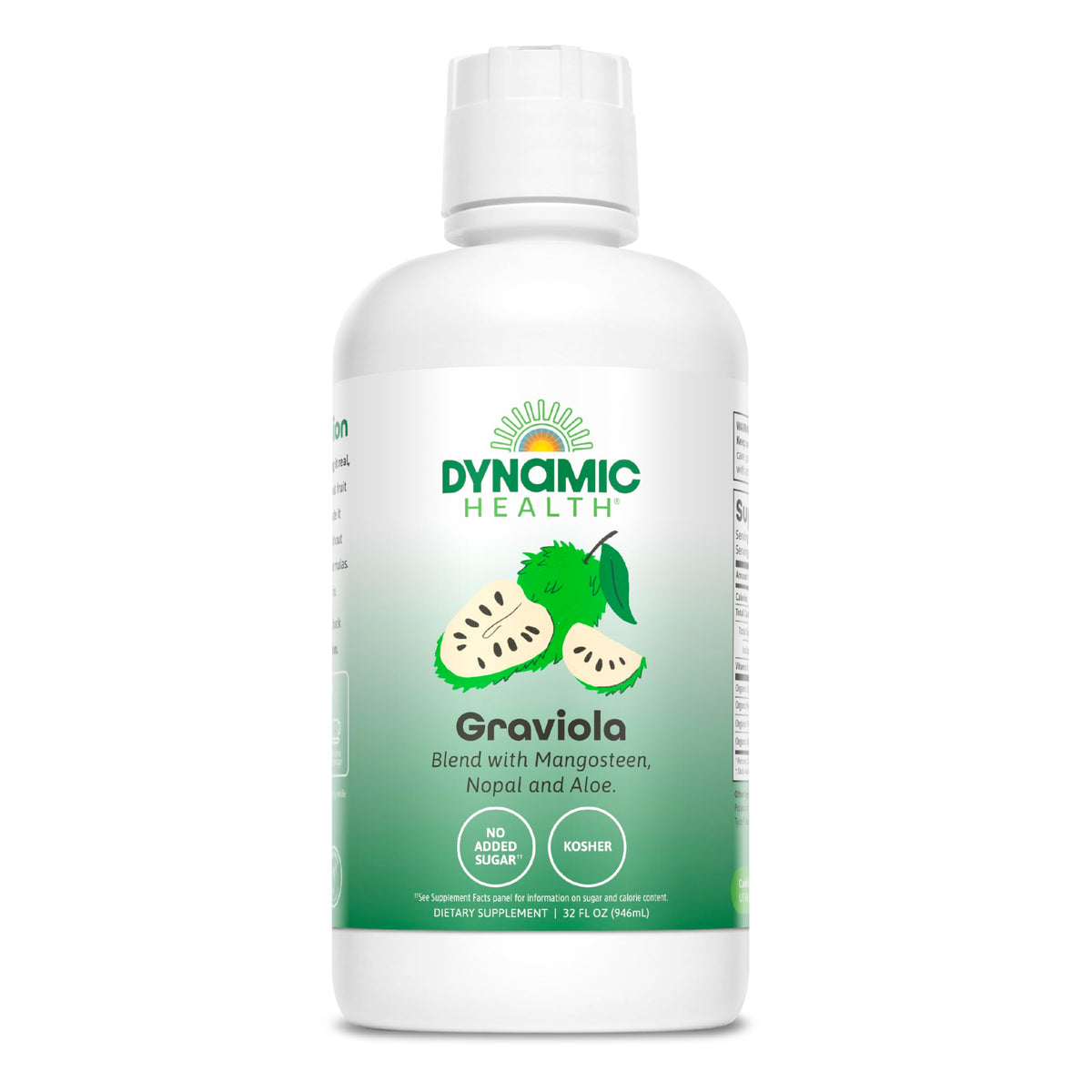 Dynamic Health Graviola Blend bottle on kitchen counter highlighting 100% organic ingredients for daily wellness.