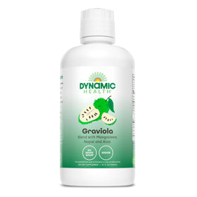 Dynamic Health Graviola Blend bottle on kitchen counter highlighting 100% organic ingredients for daily wellness.