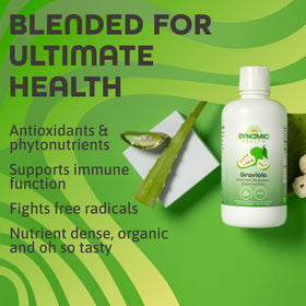 Dynamic Health Graviola Blend label close-up showing organic, vegan, non-GMO certification.