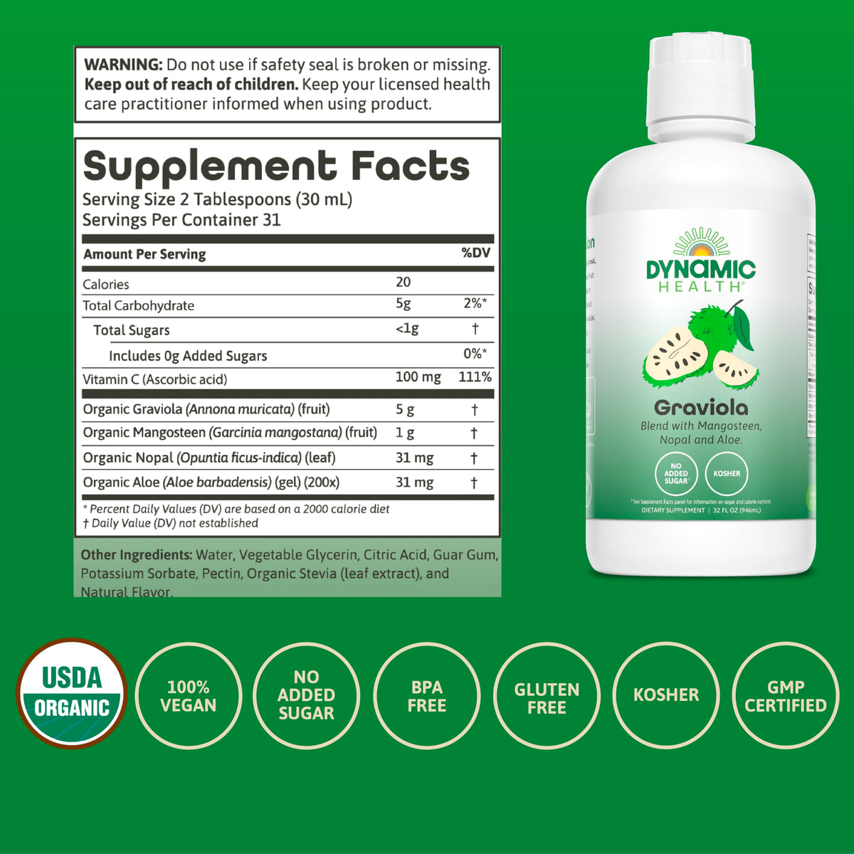 Dynamic Health Graviola Blend being poured into a glass for refreshing daily consumption.