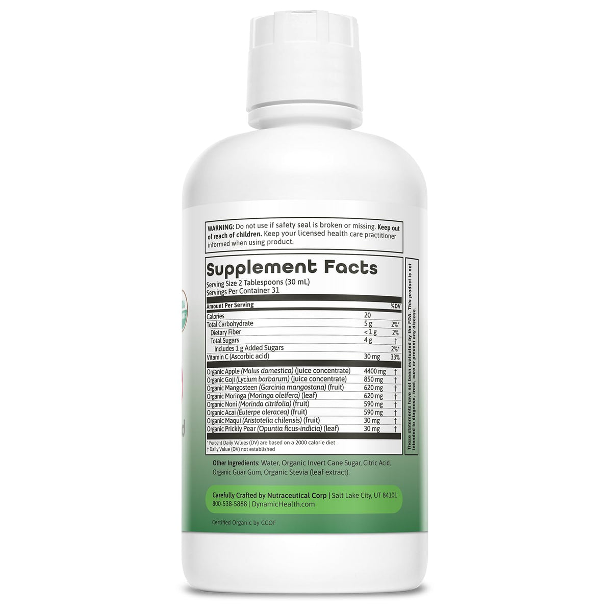 Dynamic Health Moringa Blend package side, premium organic superfruits in gluten-free formula.