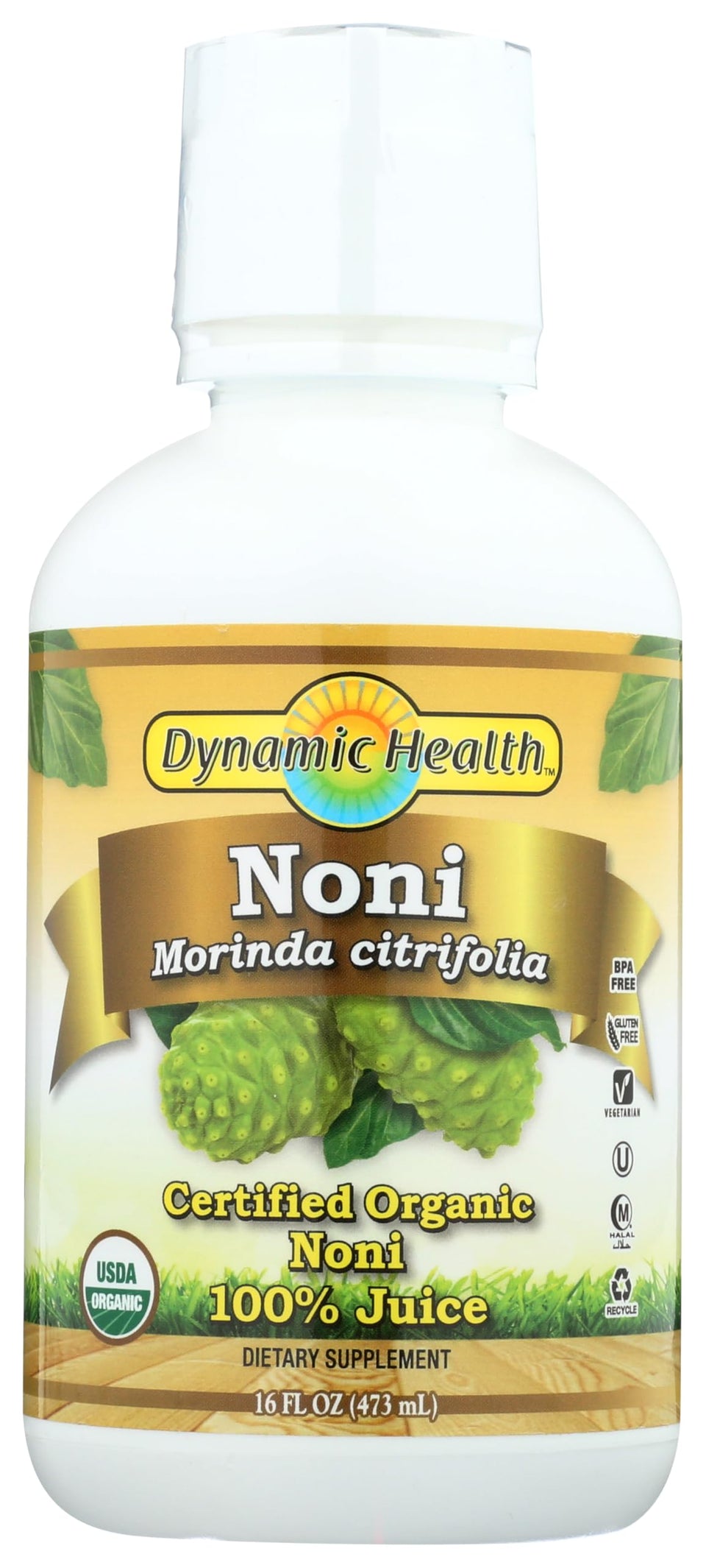 Dynamic Health Noni Juice bottle pour highlighting organic juice for daily energy and antioxidant benefits