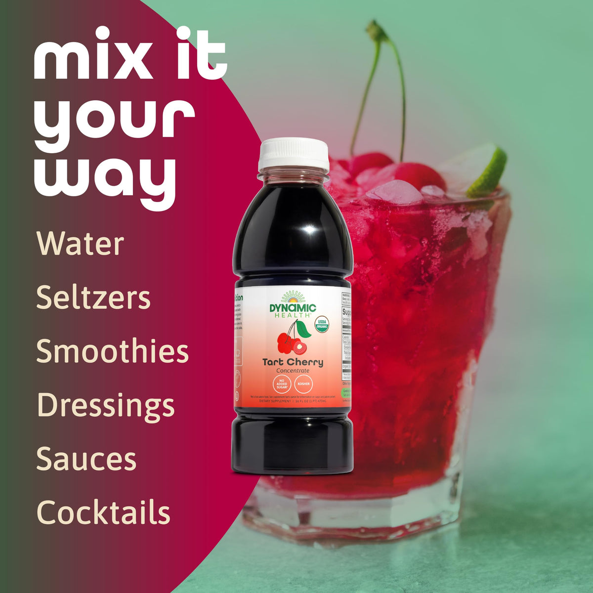 Dynamic Health Organic Tart Cherry Juice label showing certifications