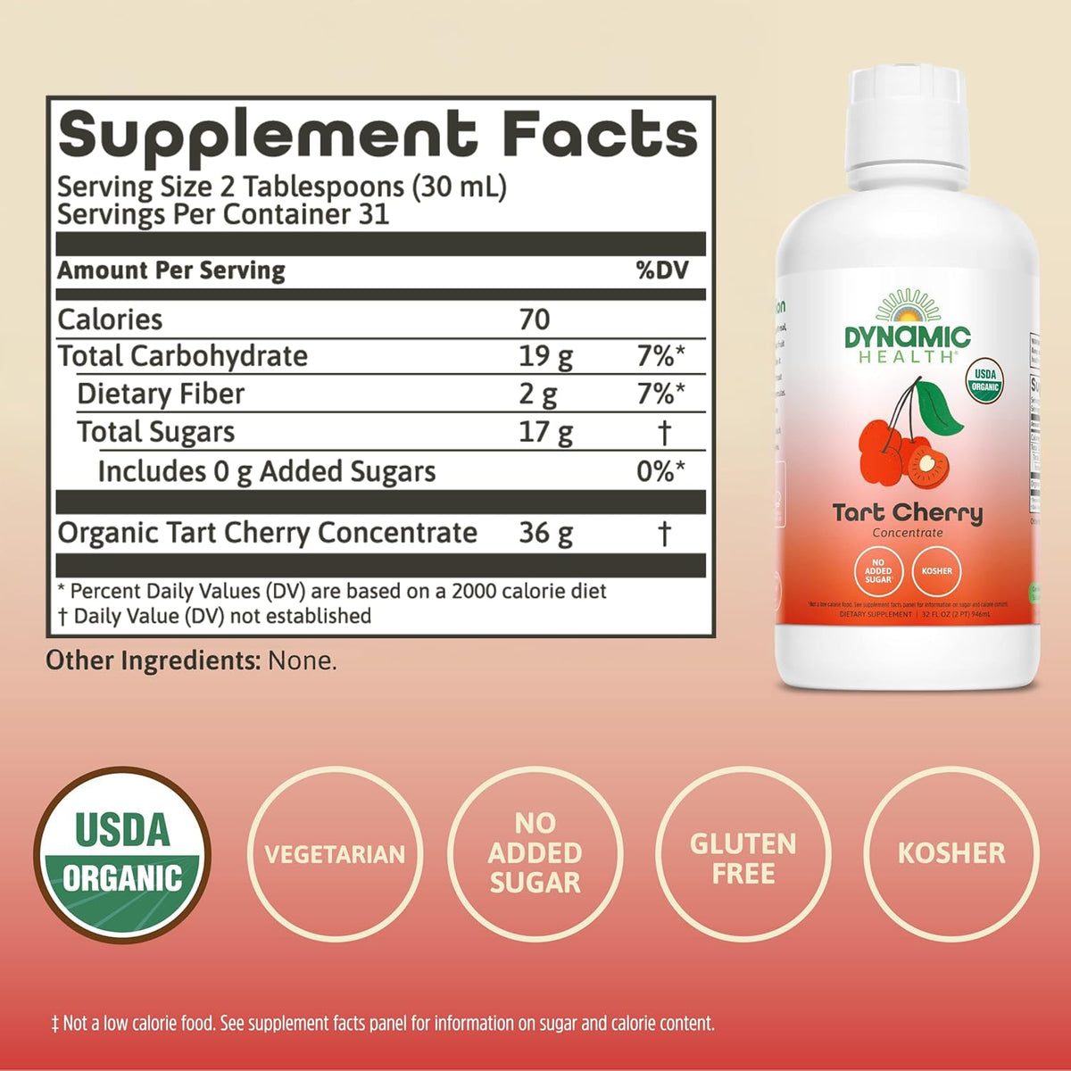 Dynamic Health Organic Tart Cherry Juice label close-up highlighting certification and purity